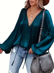 Abeba | Chic Lantern Sleeve Satin Blouse