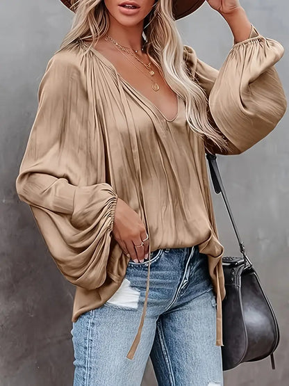 Abeba | Chic Lantern Sleeve Satin Blouse