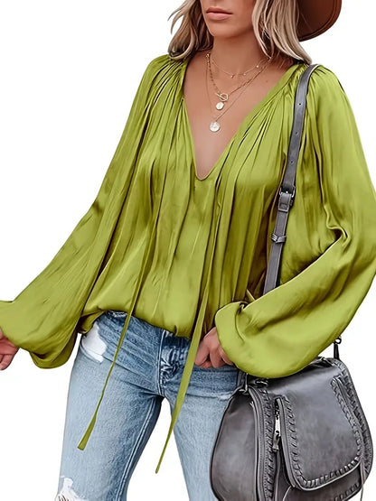 Abeba | Chic Lantern Sleeve Satin Blouse