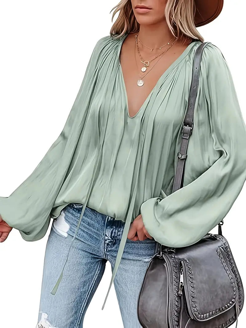 Abeba | Chic Lantern Sleeve Satin Blouse