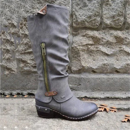 Kirsten | Knee-High Vintage Boots with Zipper Pocket and Studded Stiletto Heel