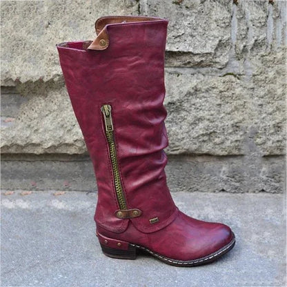 Kirsten | Knee-High Vintage Boots with Zipper Pocket and Studded Stiletto Heel