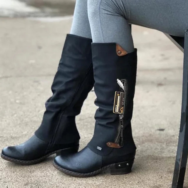 Kirsten | Knee-High Vintage Boots with Zipper Pocket and Studded Stiletto Heel