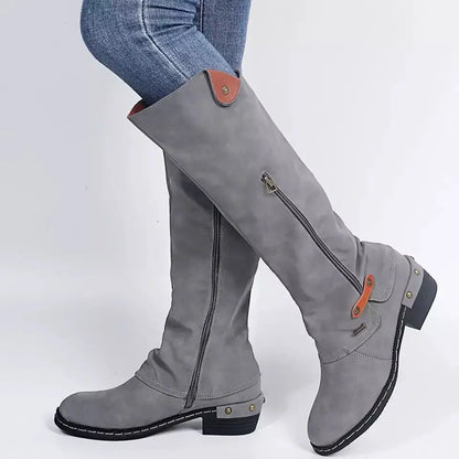 Kirsten | Knee-High Vintage Boots with Zipper Pocket and Studded Stiletto Heel