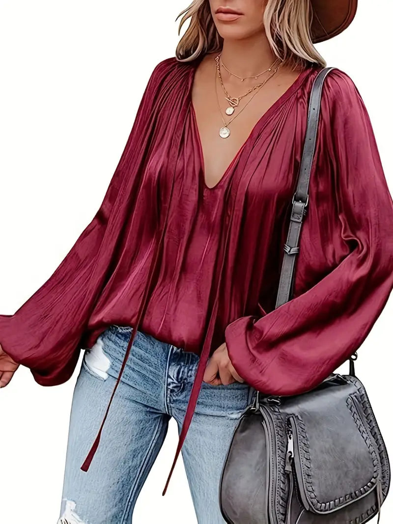 Abeba | Chic Lantern Sleeve Satin Blouse