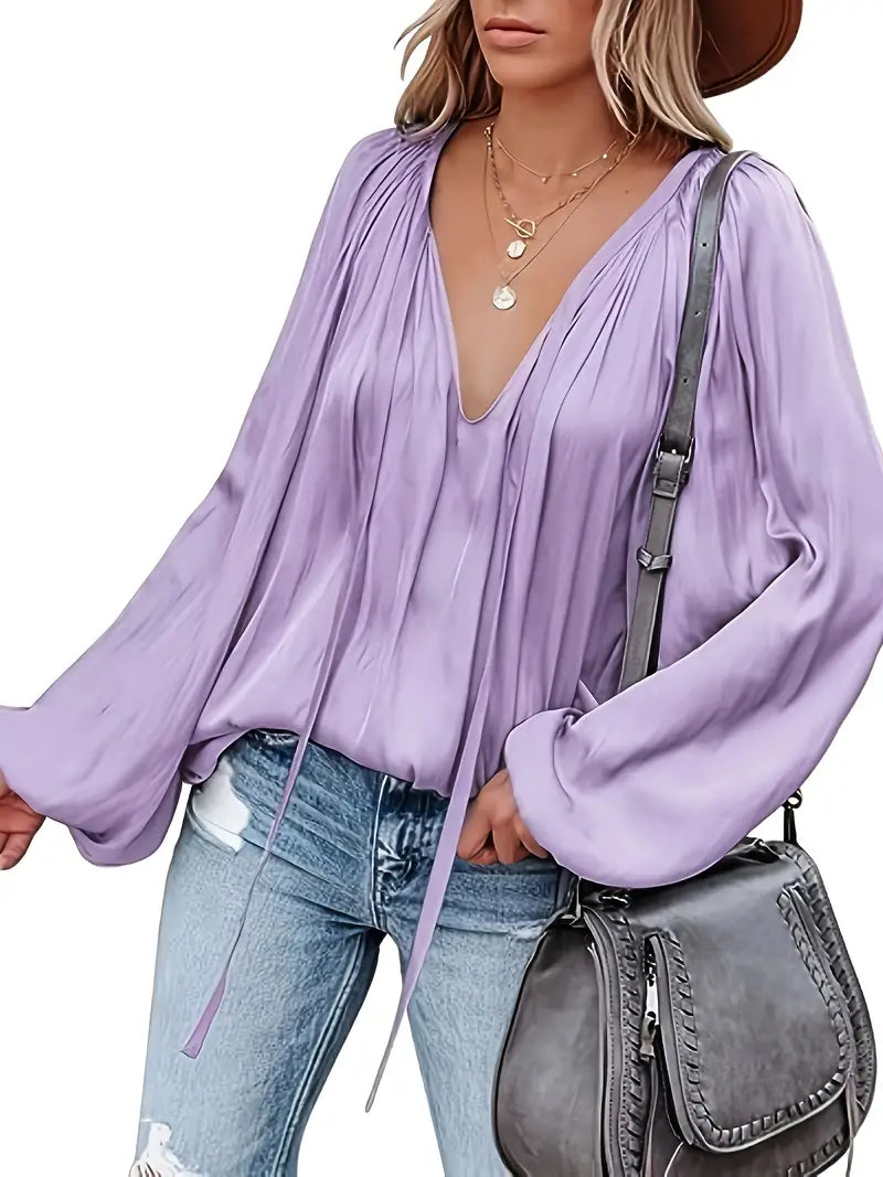 Abeba | Chic Lantern Sleeve Satin Blouse