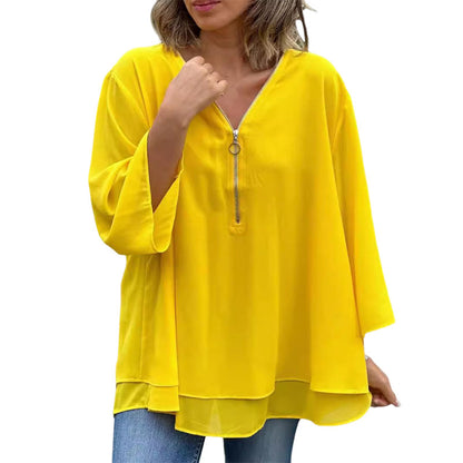 Willow | Chiffon Zipper Top With V-neck