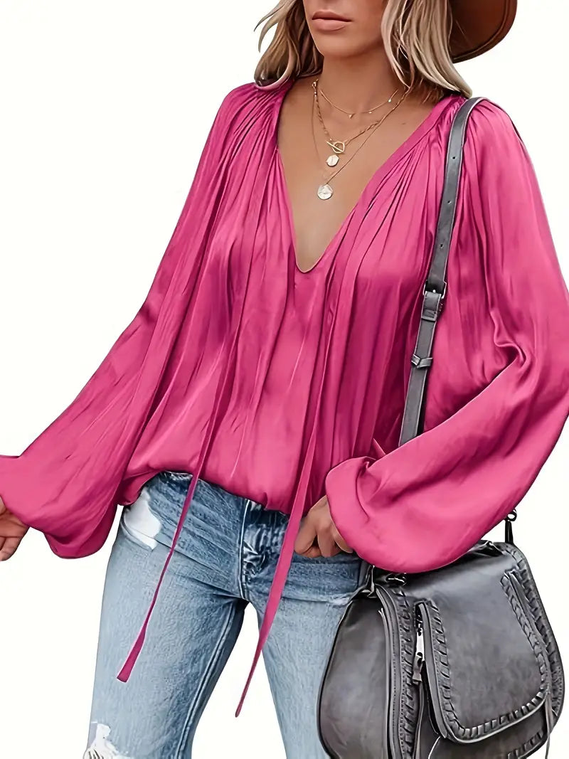 Abeba | Chic Lantern Sleeve Satin Blouse