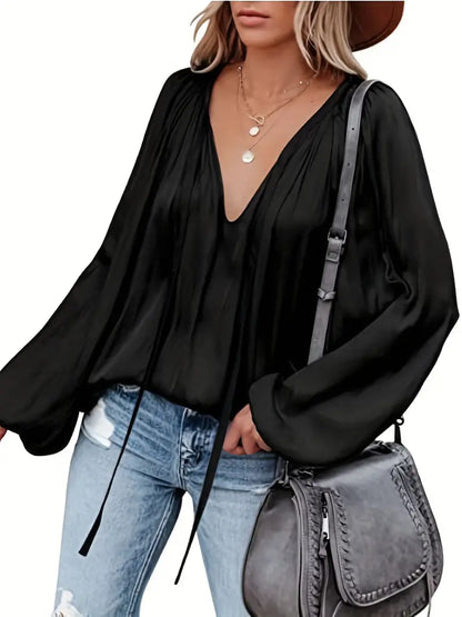 Abeba | Chic Lantern Sleeve Satin Blouse