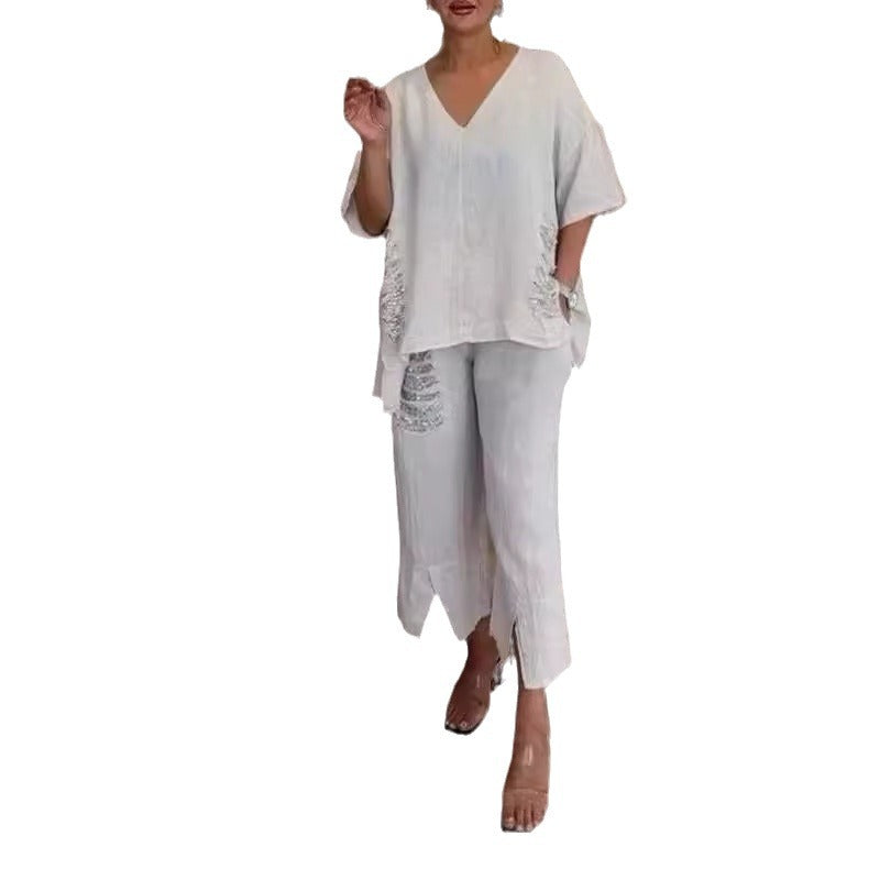 Cleo | 2-piece cotton linen V-neck set for women